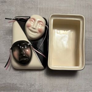 Ronnie’s Ceramic Happy & Sad Face Ceramic Trinket Box Comedy Tragedy Art Deco